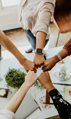 Download premium image of Business people bumping fits in the middle by McKinsey about fist bump, teamwork, business team, motivation, and achievement 1220994
